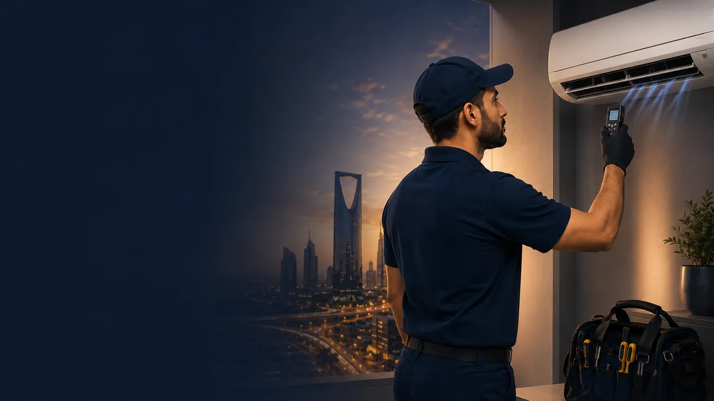 فني يفحص كفاءة تبريد المكيف في الرياض