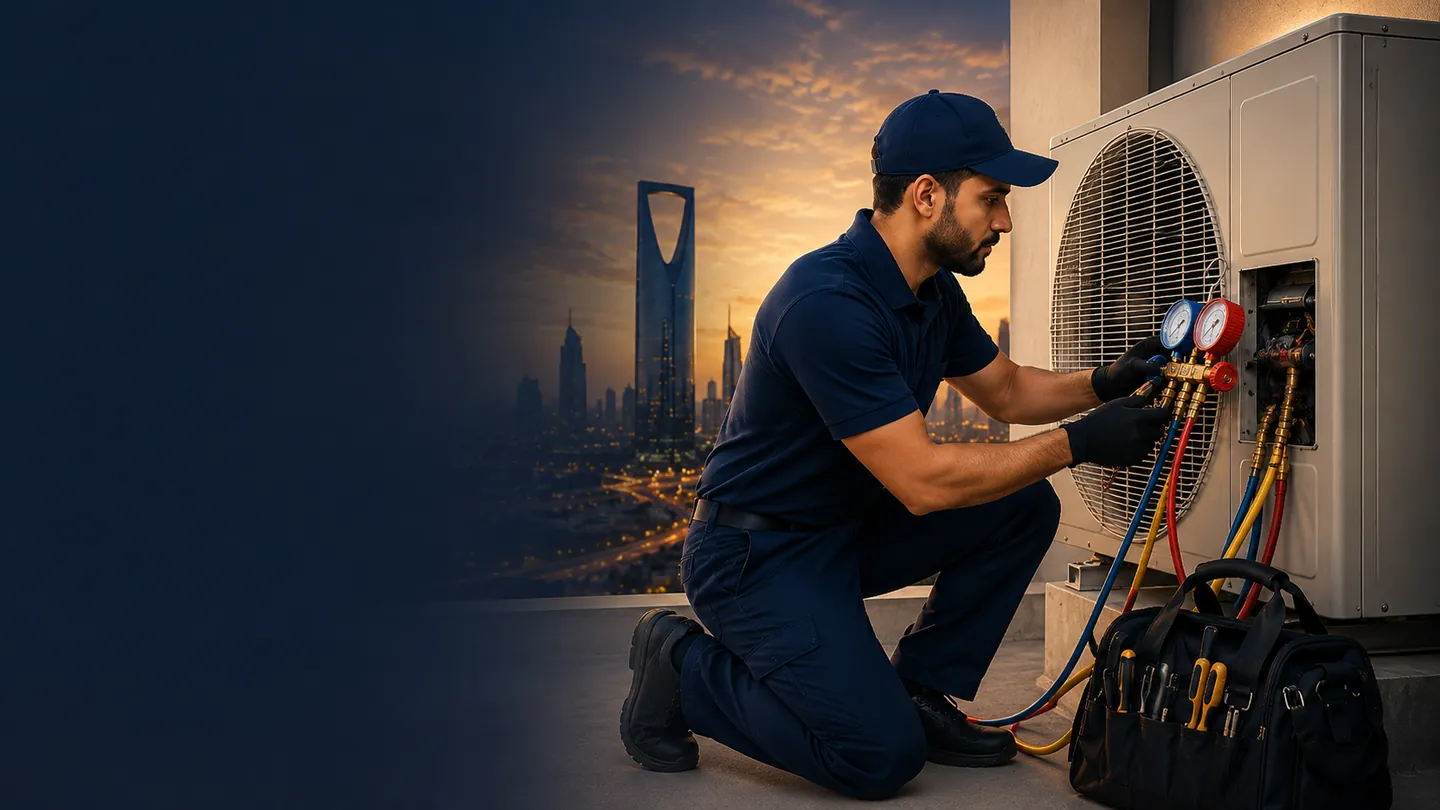 فني تكييف يفحص وحدة خارجية وشحن فريون بالرياض